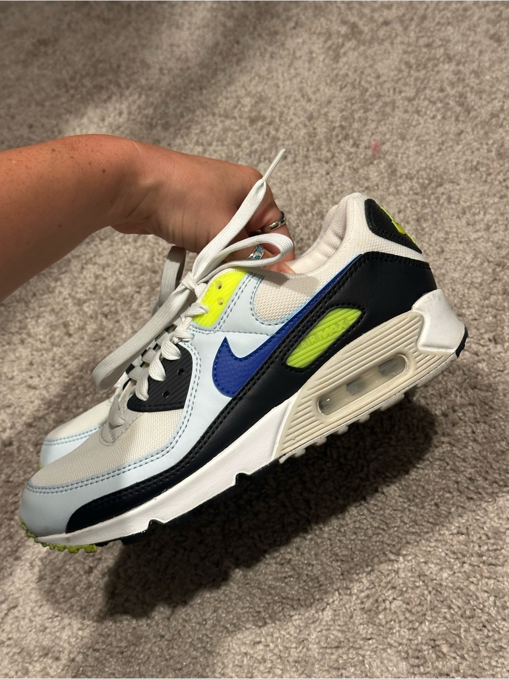 Kids White and Blue Athletic Sneakers with Neon Accents